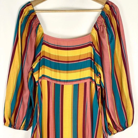 Farm Rio x Anthropologie Sz Small Maxi Dress Stripe Coastal Tropical Puff Sleeve - Picture 8 of 8